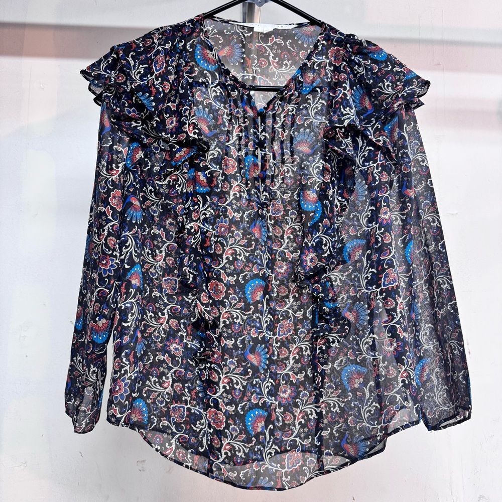 VERONICA BEARD Aneri Floral Silk Blouse in Black Multi color Size 8 - Picture 1 of 6